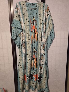 Turquoise African Print Kaftan with Orange & Black Motifs Shore Drive Free Size
